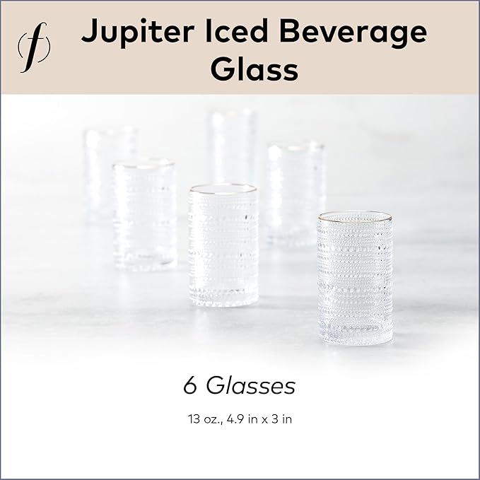 Fortessa Jupiter Beaded Hobnail Glass, 13 Ounce Iced Beverage (Set of 6), Gold Rim Clear