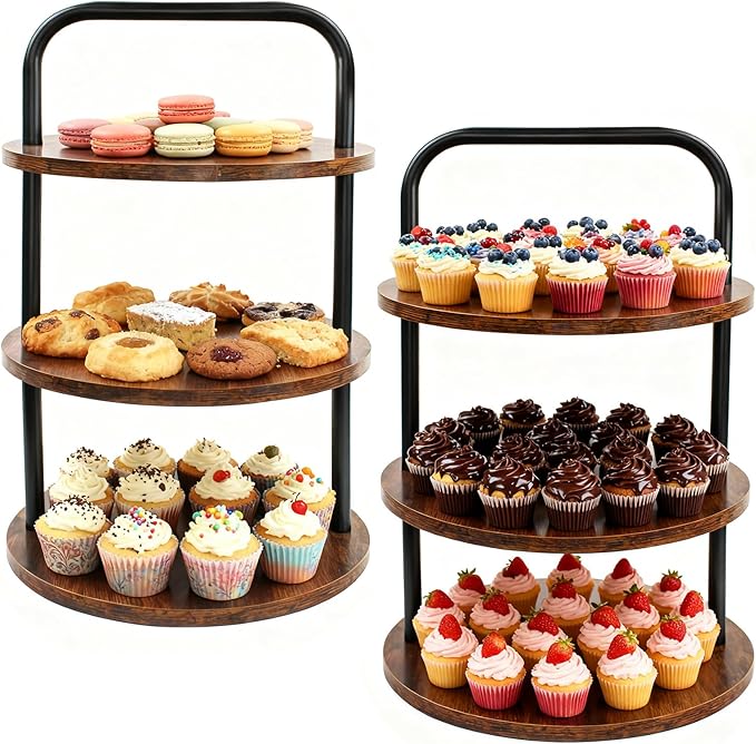 2PCS Wooden Cupcake Stand for 100 Cupcakes - 3-Tier Large Round Dessert Table Display Set with Cupcake Tower, Tiered Tray,Cake Tray and Serving Tray for Wedding, Party, Anniversary, Farmhouse Decor