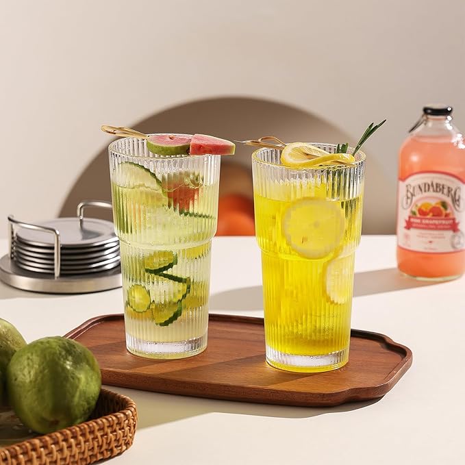 JUNDRUM Ribbed Drinking Glasses with Lids & Straws, Leak-Proof 20oz and 15oz Glass Cups, 8PCS Glass Tumblers, Ideal for Home, Office, Outdoor Use