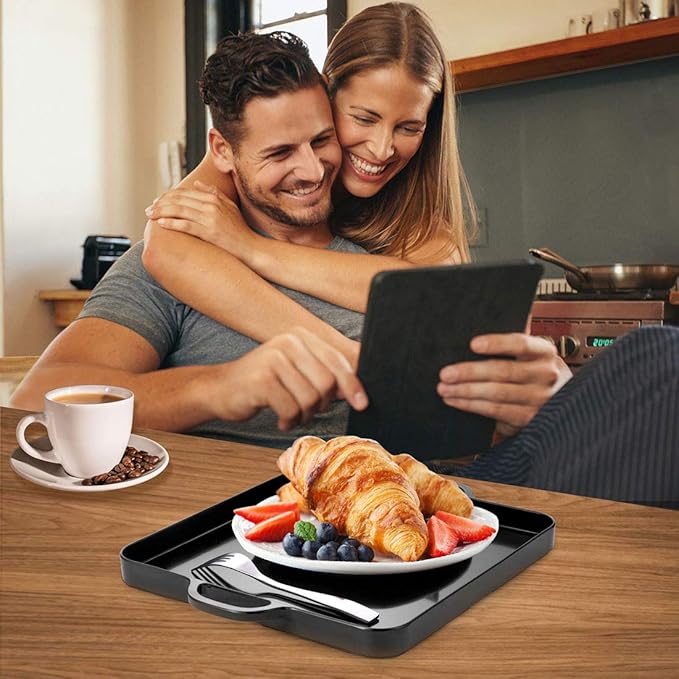 i BKGOO Foodservice Black Plastic Tray with Handle Set of 2 Large Melamine Cube Serving Platters for Parties, Table, Kitchen Size(12.5"x12.5"x1")