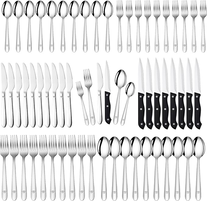 58-Piece Silverware Set Service for 10 - Stainless Steel Flatware Cutlery Set - Knives Forks and Spoons Utensil Sets for Home Kitchen Restaurant Hotel, Mirror Polished, Dishwasher Safe
