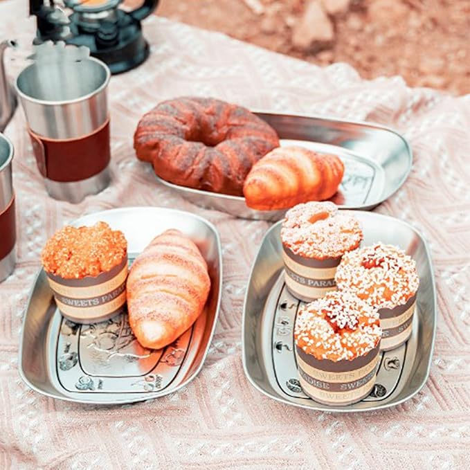 Portable Bread Tray, Oval Metal Picnic Plate Reusable Decorative Bread Serving Tray Multipurpose Tinplate Food Tray for Parties Gatherings (Harvest Style)