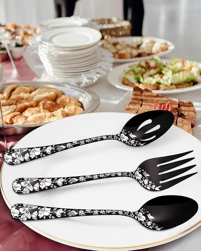 Stapava Serving Utensils Set Black, 5-Piece Large Hostess Set, Stainless Steel Flatware Serving Set, Ideal for Buffet Catering Party, Mirror Polished, Dishwasher Safe