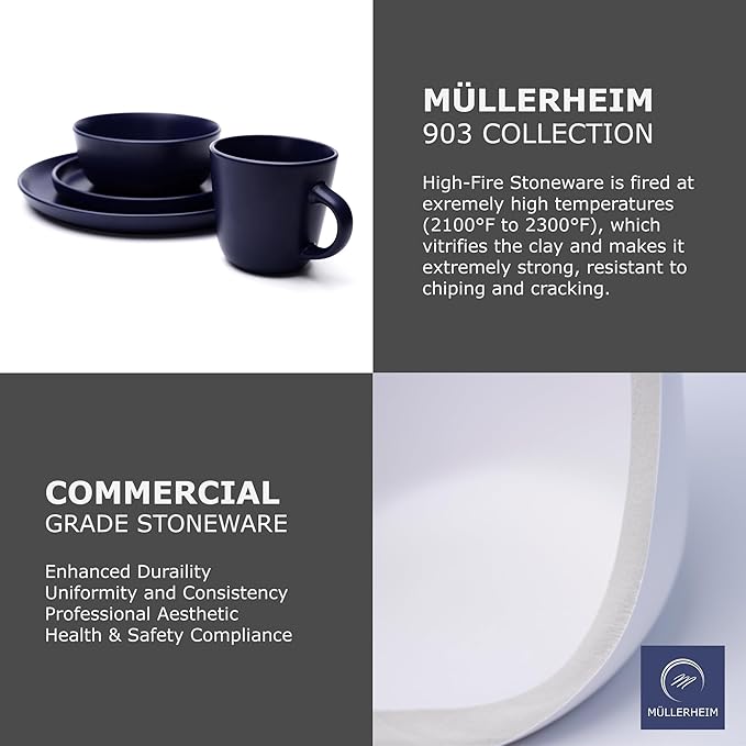 MÜLLERHEIM 903 Minimalist Collection 16-Piece Contemporary Ceramic Stoneware Dinnerware Sets for 4, Blueberry Plates and Bowls sets, Dinner Plates Set, Salad Dish Set, Bowls, Cup