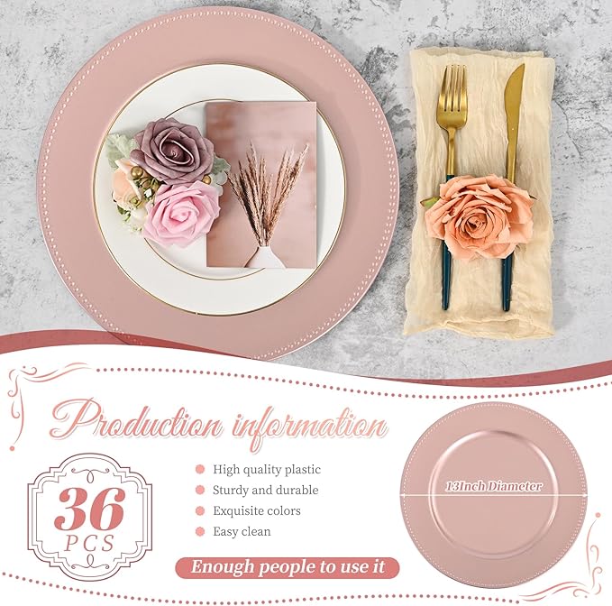 36 Pcs Rose Gold Charger Plates Round Charger Plates13 Inch Bulk Wedding Dinner Elegant Reusable Plastic Chargers Plates Wedding Holiday Party Baby Shower Event Decoration (Rose Gold)