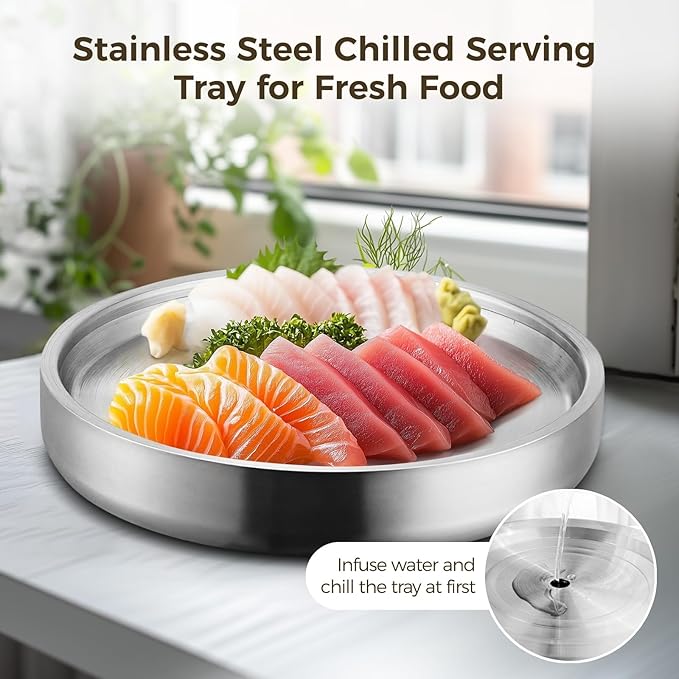 Cold Serving Tray with Ice Chamber, 11.2 Inches, Stainless Steel Platter for Shrimp Cocktail, Fruit, and Party Buffets
