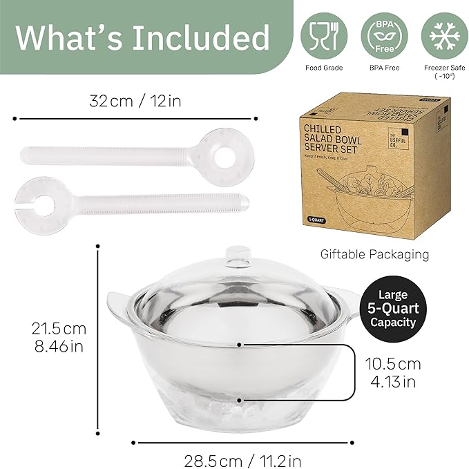 Useful Co. 5QT Salad Bowl Set on Ice - Large Salad Bowl with Lid & 2 Servers - Chilled Tray for Cold Food, Party Buffet - Serving Bowl with Ice Tray Base for Gatherings