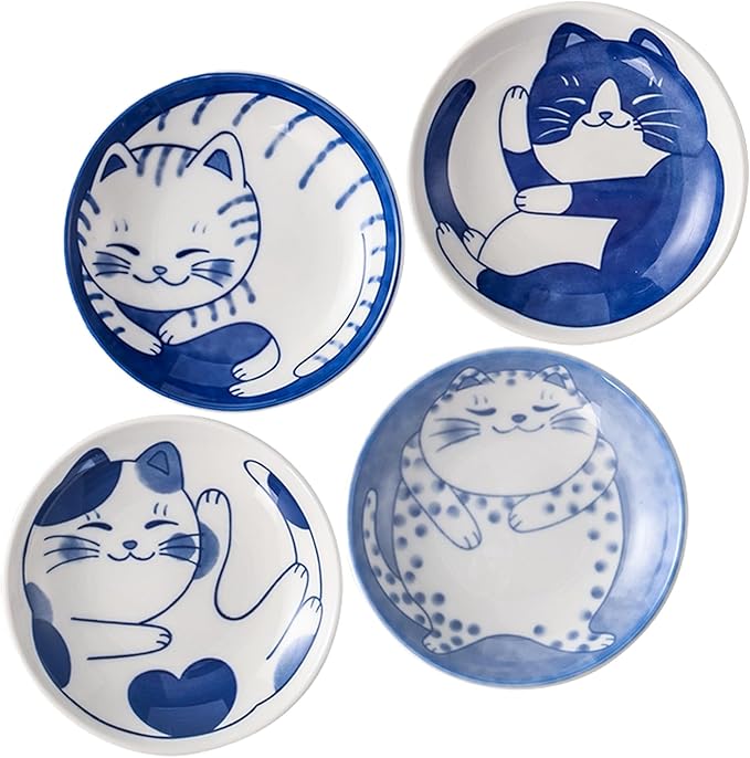 Fashion & Lifestyle Japanese Cute Cat Ceramic Sauce Dish, Seasoning Dish Sushi Soy Dipping Bowl, Appetizer Plates, Serving Dish for Kitchen Home Set of 4