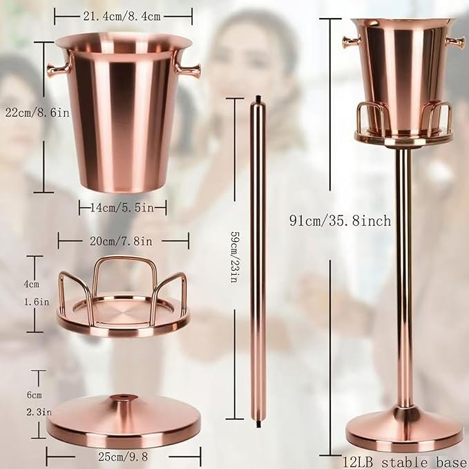 Ice Bucket with Stand Christmas Stainless Steel Standing Bucket Ice Cube Container, Wine Bucket on rack Rose Gold Ice-Bucket for Wine Beer KTV Club Bar Bbq Party Wedding, 12lb 5L,1 pack