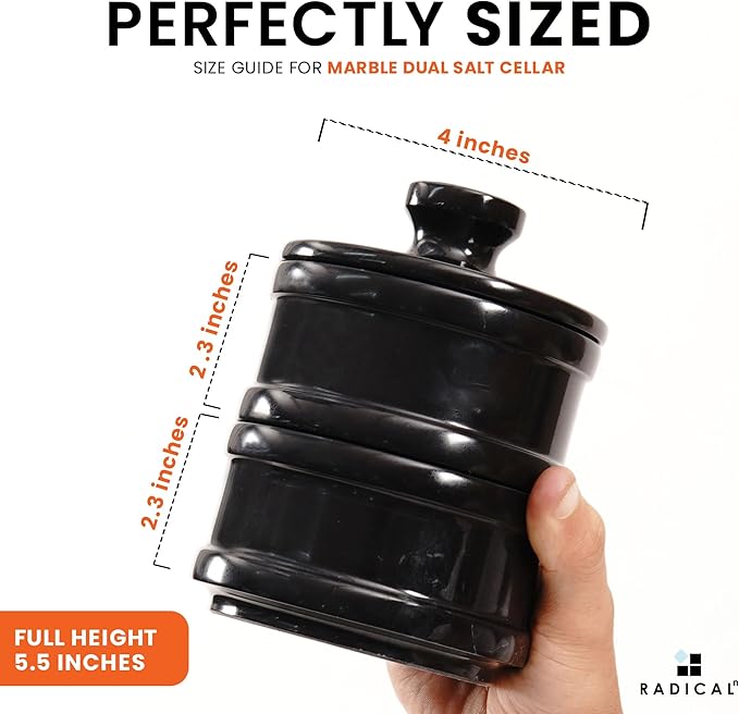 Radicaln Handmade Marble Black 5.5” Dual Salt Cellar With Lid – 2.3” Each Salt and Pepper Bowls Kitchen Container Storage Set – Ideal for Jewelry, Butter Keeper, Sugar & kitchen Décor