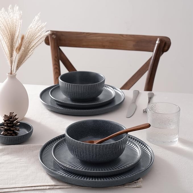 Famiware Starlight Plates and Bowls Dishes Set of 8 (24 Pieces), Ribbed Textured Stoneware Dinnerware Sets- Dishwasher & Microwave Safe, Chip Resistant, Matte Midnight Grey