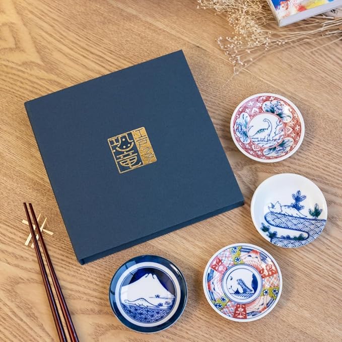 Dinosaur Soy Sauce Dish Set of 4, 3.5 inch Japanese Porcelain Mini Plates for Dipping, Sushi & Condiments, Mino Ware, Crafted in Japan, Gift Boxed, Microwave & Dishwasher Safe