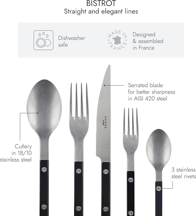 SABRE PARIS - 5-Piece Flatware Set - Bistrot Vintage Collection - Knives, Forks, Soup Spoons, Teaspoons & Dessert Forks - Stainless Steel & Acrylic - Dishwasher Safe - Black - Mat Finish