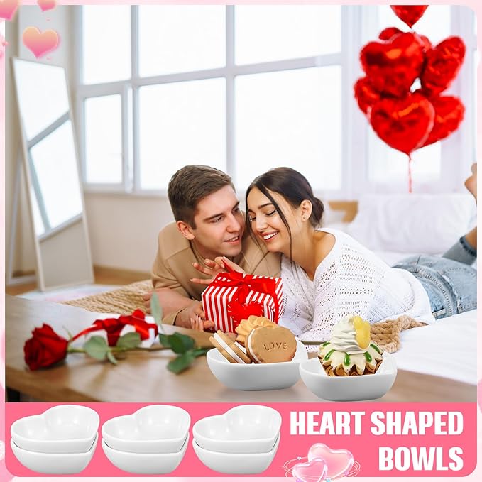 6 Pieces Heart Shaped Bowls Ceramic Dip Bowl Plates Multipurpose Salad Bowls Appetizer Plates Cooking Gifts for Candy Sauce Sushi Dipping Serving Wedding Anniversary Valentine's Day (White)