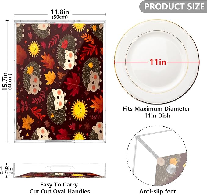 Serving Tray with Handles Clear Acrylic Tray 12x16 Inch Decorative Rectangular Tray Organizer for Ottoman Coffee Table Bathroom Autumn Leaves Hedgehogs Brown