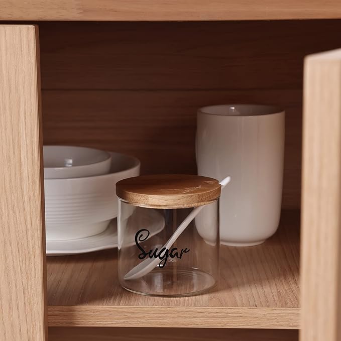 HAOTOP Clear Glass Sugar Bowl with Serving Spoon and Lid, Farmhouse Kitchen Countertop Canisters, Container Jar Dispenser Holder for Home Kitchen,12 oz