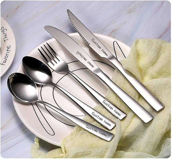 4-Set Personalized Flatware Set, 20-Piece Stainless Steel Cutlery, Includes 4 Knives/4 Forks/4 Spoons, Mirror Polished, Engraved Names