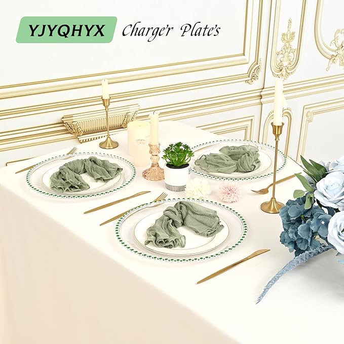 12 Pack Clear Charger Plates with Beaded Rim, 13 Inch Plastic Chargers for Dinner Plates Acrylic Round Tabletop Decoration for Home Kitchen Catering Wedding Table Event Party Dinner (Green)
