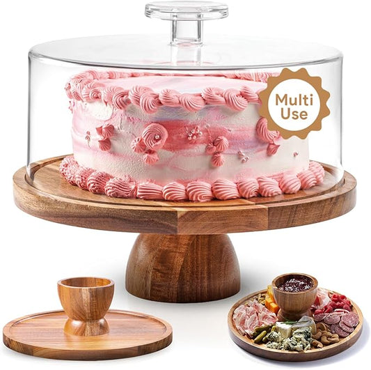 Acacia Wood Cake Stand with Lid - Multifunctional 12 In Round Cake Holder, Dessert Table Display Set & Charcuterie Board for Cheese, Chips, Fruit Platter, Acrylic Cake Dome Cover, No Glass
