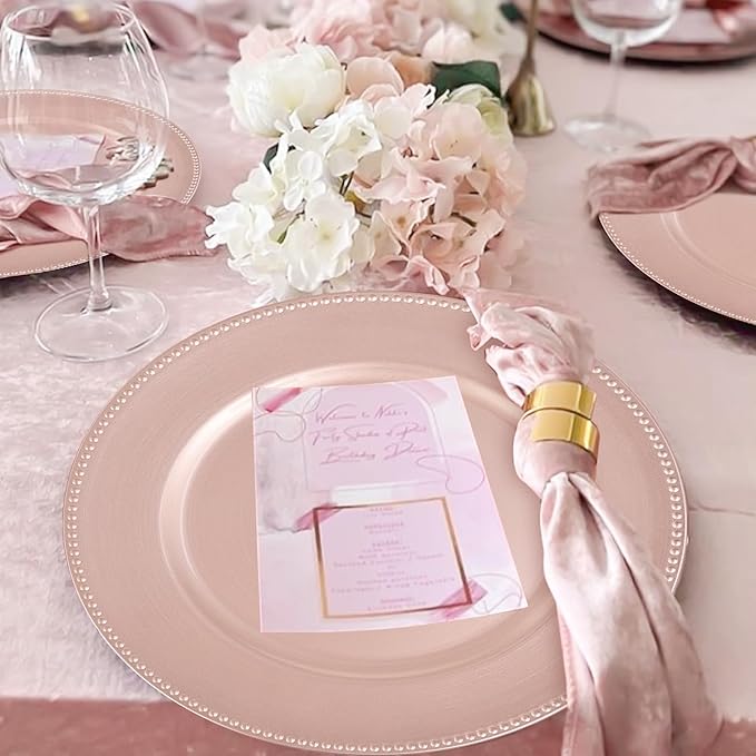 fani 50 Pcs Rose Gold Charger Plates Bulk, 13'' Round Beaded Dinner Charger Plates, Plastic Reusable Vintage Table Decoration for Wedding, Party, Reception, Event, Holiday Supplies