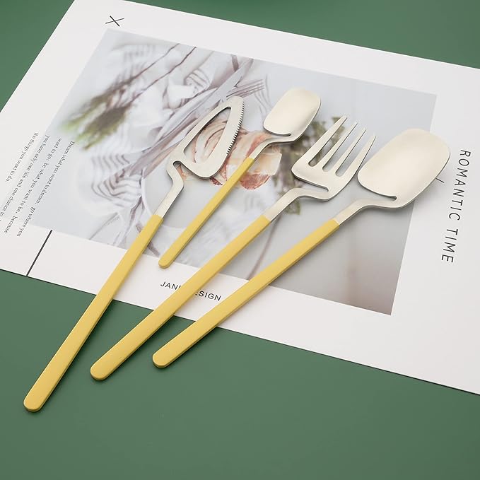 Brushed Flatware Set for 8, Uniturcky 32-Piece Matte Silverware Set with Colored Handles, 18/10 Stainless Steel Dinnerware Tableware Set, Eating Utensils for Party/Wedding/Home, Yellow Handle