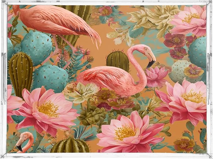 Serving Tray with Handles Clear Acrylic Tray 12x16 Inch Decorative Rectangular Tray Organizer for Ottoman Coffee Table Bathroom Orange Flamingos and Green Cactus Flowers