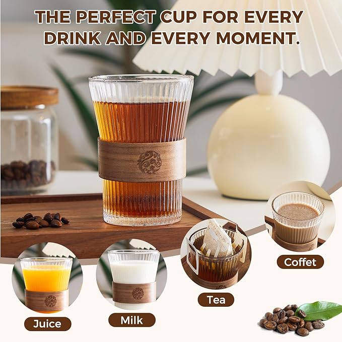 RDLBBS 2PCS Glass Coffee Mug 9oz with Bamboo Sleeve,Espresso Cups Drinking Cup set, Home Essential Glass Tumblers for Beer, Cocktail, Tea and Latte Clear