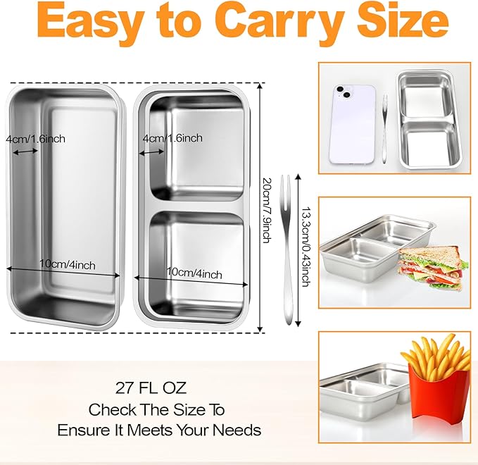 Stainless Steel Snack Containers with Lids, Reusable Bento Lunch Container Box, Food Storage, Leak Proof, Dishwasher-Safe, Grab and Go for Work, 3 Single + 3 Double Compartment