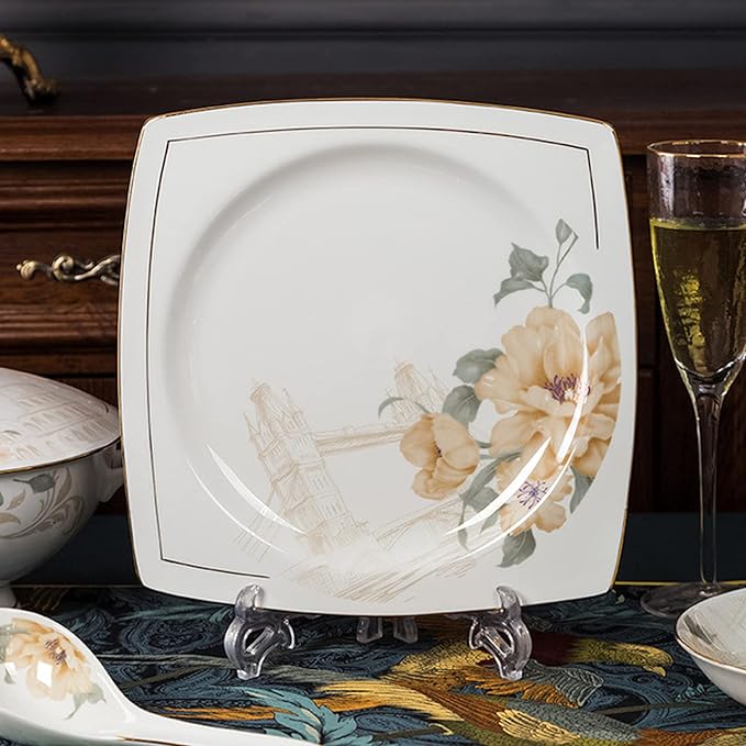 Gold Rim Ceramic Tableware Set Handmade Modern White China Ceramic Floral Tableware Set Suitable for Family Hotel Restaurant 62 Piece