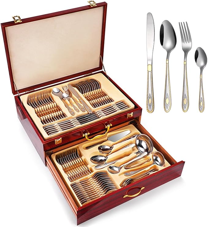 72/84 pcs Luxury Flatware Set with Gold Accents, Gold Flatware Serving Set for 12 for Formal Events, Parties, Tablewar in a Wooden Storage Case Chest(B,72pcs)