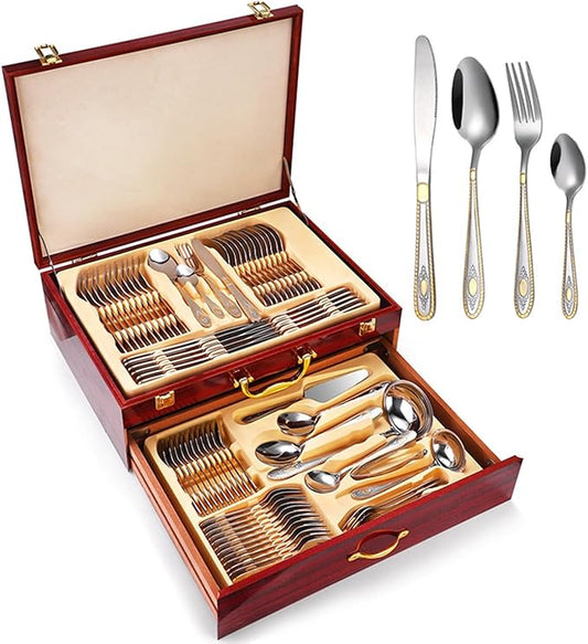 72/84 pcs Luxury Flatware Set with Gold Accents, Gold Flatware Serving Set for 12 for Formal Events, Parties, Tablewar in a Wooden Storage Case Chest(B,84pcs)