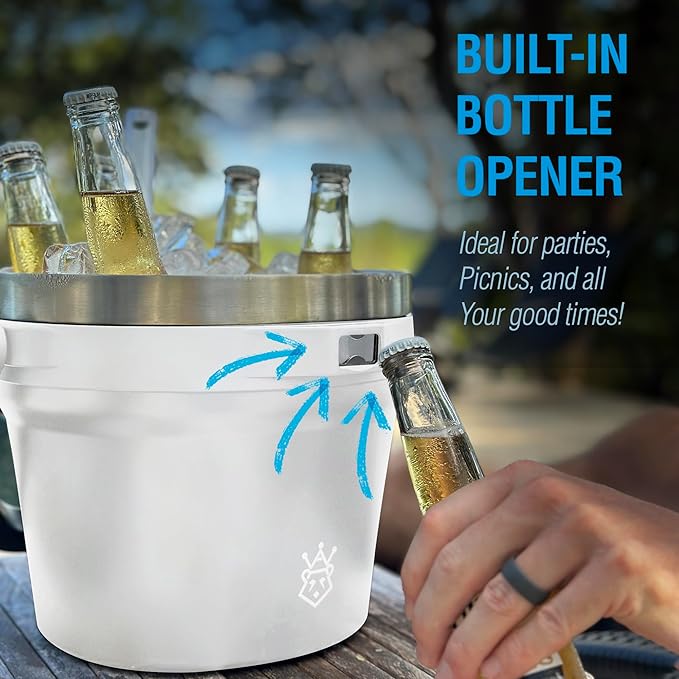 Insulated Ice Bucket with Lid & Scoop-XL Double-Walled, bar Essentials for Entertaining, Holiday Party, Stainless Steel Wine Chiller, Beverage Tub with Handle, Bottle Opener, Great Gift(White)