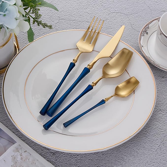 Blue Gold 16 Piece Matte Silverware Set Durable 18/8 Stainless Steel Flatware Cutlery Set for 4 Utensil Sets Home Kitchen Hotel Restaurant Dishwasher Safe Luxury-Tableware