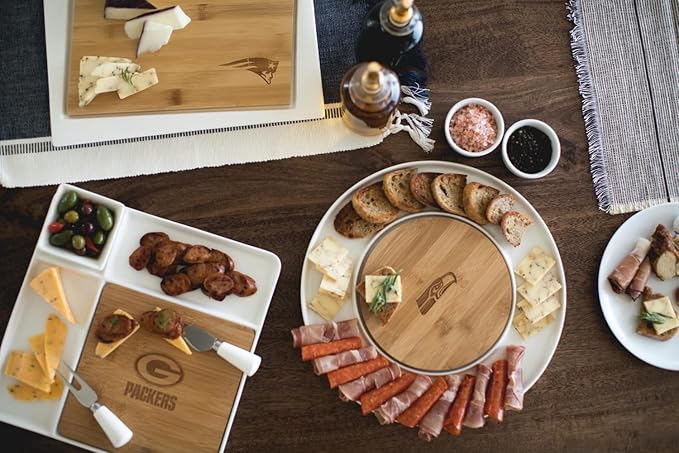 PICNIC TIME NFL Symphony Appetizer Serving Tray Set, Party Platter Set, Appetizer Plate, (Bamboo & White Ceramic)