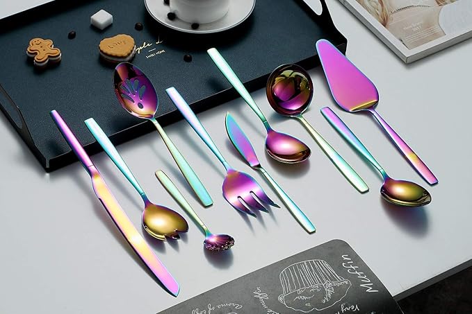HOMQUEN Rainbow Serving Set - 10 Piece Colorful Flatware, Includes Slotted Spoon, Cake Server, Sugar Spoon, Soup Ladle, Wedding Cake Knife