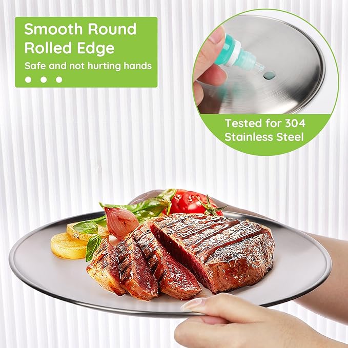 Metal Dinner Plate, 4 Pack 10.2 inch 304(18/8) Stainless Steel Plates, Reusable lunch salad Pizza BBQ Food Serving Snack Eating Dishes Round Shatterproof Plate Silver Dinnerware Oven Safe