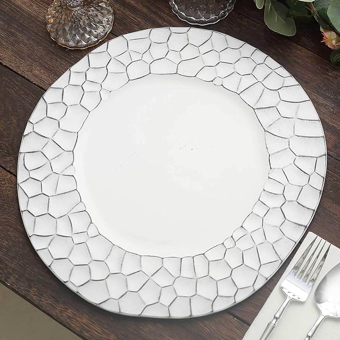 Efavormart 6 Pack | 13" Matte White Plastic Hammered Rim Dinner Charger Plates, Decorative Disposable Irregular Round Serving Plates