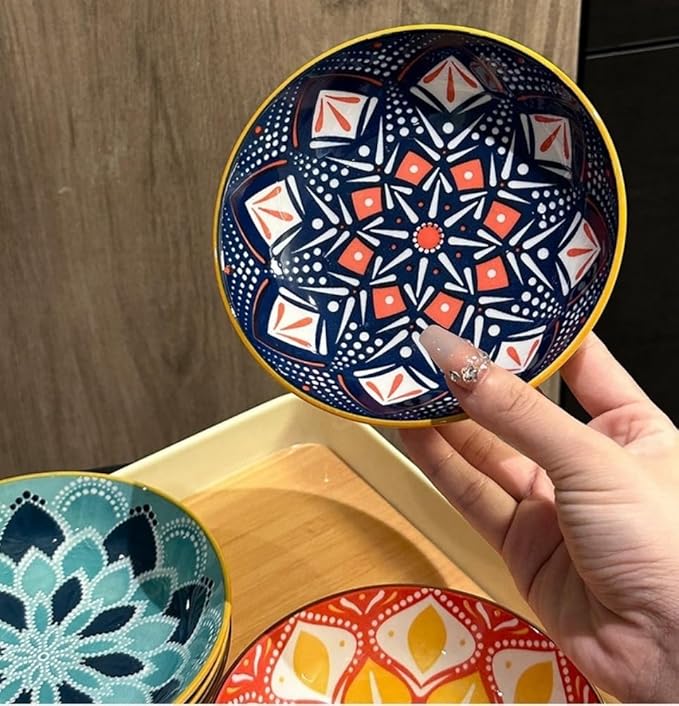 Set of 4 10 OZ Colorful Ceramic Dessert Bowls Bohemian 6 inch Serving Dishes Cute Shallow Bowls for Appetizer,Side Dishes,Sushi,Salad,Snack,Icecream,Fruit,Microwave Dishwasher Safe