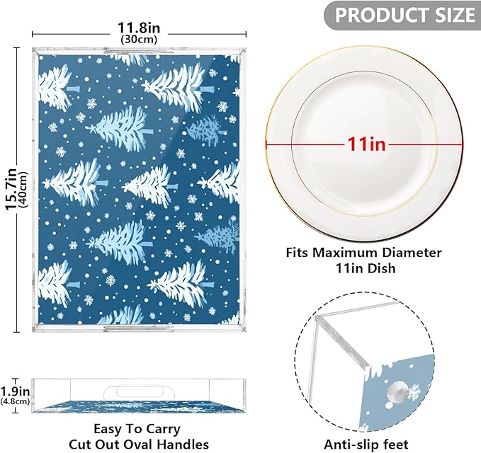 Serving Tray with Handles Clear Acrylic Tray 12x16 Inch Decorative Rectangular Tray Organizer for Ottoman Coffee Table Bathroom Winter Snow Trees Blue