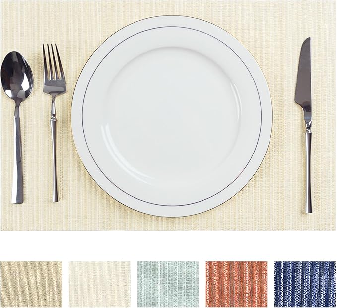 AHHFSMEI Placemats for Dining Table Set of 4 Woven Vinyl Plastic Place Mats Non-Slip Heat Insulation Stain Resistant Table Mats Washable Easy Clean Placemats (Multi Beige,4)