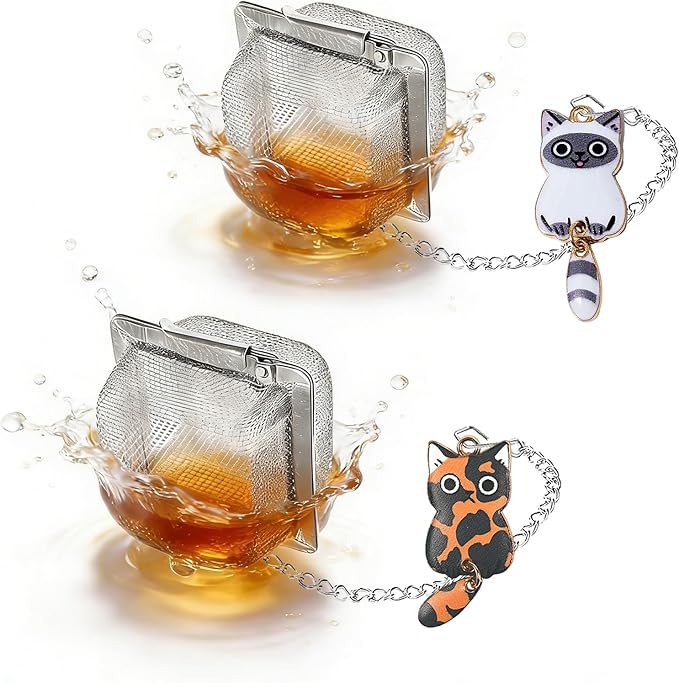 Cat Tea Infuser Set, 2PCS Cubic Loose Leaf Tea Steeper Reusable Stainless Steel Mesh Bags, Cute Tea Strainer with Moving-Tail Cat Charms (Ragdoll & Tortoiseshell)