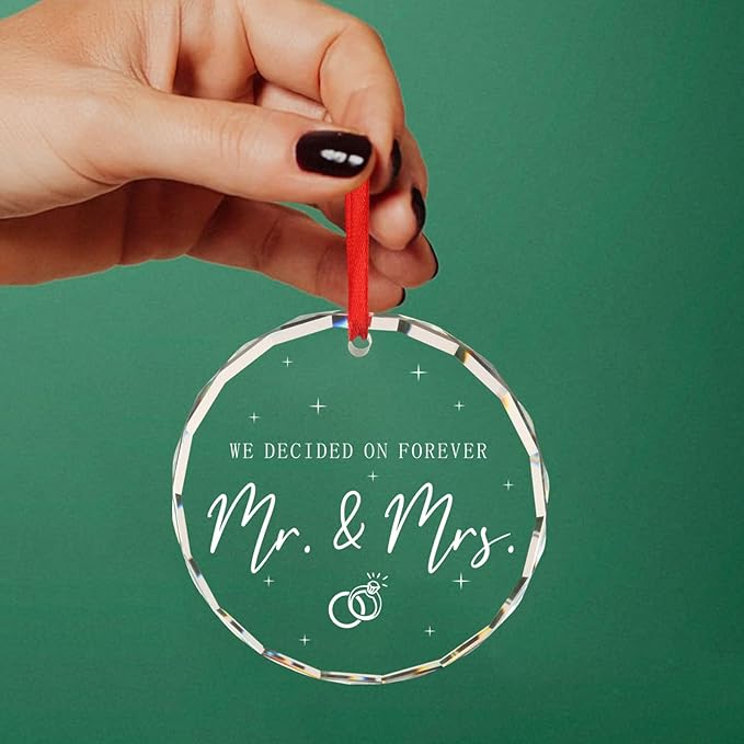 Wedding Gifts Newly Wed Gifts for The Couple We Decided on Forever Mr & Mrs Just Married Ornaments Bridal Shower Gift for Bride Christmas Tree Decoration Glass Round Ornament