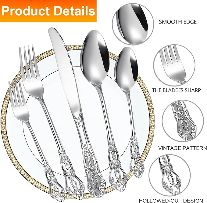 Vilihkc Gorgeous Retro Royal Stainless Steel 5 Pieces Flatware Set, Silverware Set, Anti-rust Stainless Steel Cutlery Set Utensils Including Fork Spoon and Knife