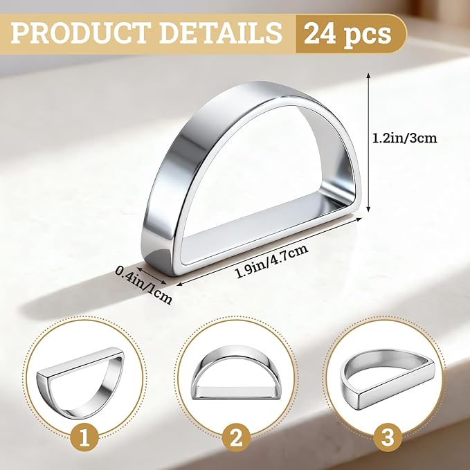 Suream Napkin Rings, 24 Pcs Stainless Steel Napkin Holders, Metal Napkin Ring for Table Settings Wedding Christmas Thanksgiving Party Dinner Table(Bright Silver Semicircle)