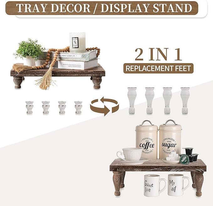 Hanobe Wooden Riser Decorative Tray: Farmhouse Wood Pedestal Display Stand Rustic Brown Tray Riser Centerpiece for Coffee Bar Kitchen Dining Room Home Table Decor, Short & Tall Footed