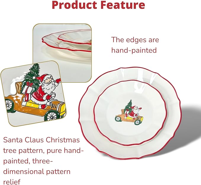 DOMINI 16-Piece Christmas Ceramic Kitchen Dinnerware Set, Service for 4, Porcelain Dishes Dinner Set with Dinner Plates, Dessert Plates,cups and Pasta Bowls,Round-White Christmas