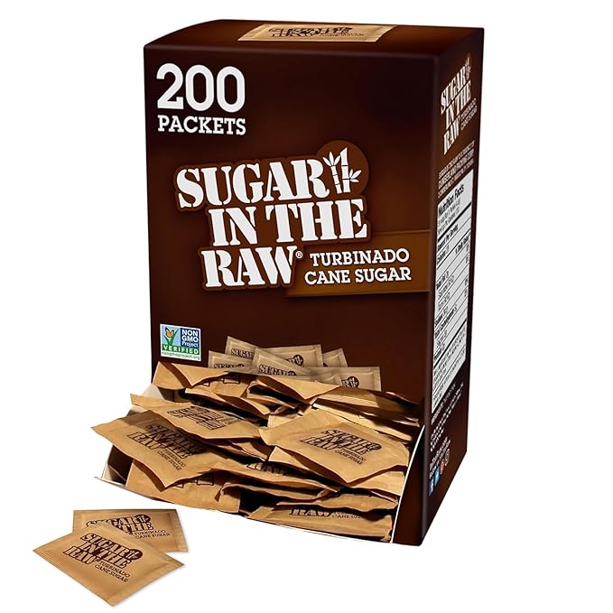Sugar In The Raw Turbinado Cane Sugar Packets, 200 Ct Box, 2 Pack, Pure, All-Natural Turbinado Sugar, Non-GMO Project Verified, Kosher, Vegan and Gluten Free