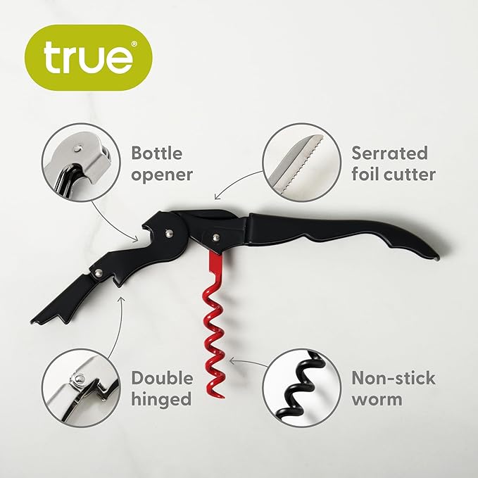 True Truetap Double Hinged Waiter's Corkscrew Wine Opener, Stainless Steel Wine Bottle Opener with Built In Foil Cutter, Home Bar Tools, Bar Cart Accessories, Wedding Gifts, Set of 1, Black Red