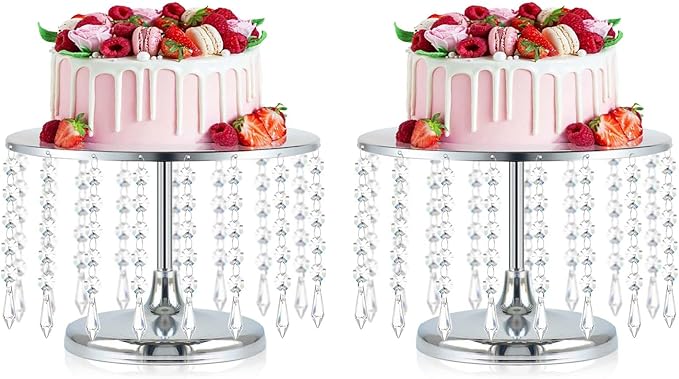 2 Pcs Silver Metal Mirror Cake Stand Set with Crystal Pendants - 11.8"W Elegant Dessert Table Display for Weddings, Birthday Parties, Baby Showers, Events - Sturdy Crystal Bling Cupcake Stands for Pastries, Sweets, Decorations