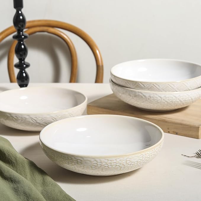 8 inch Pasta Bowls Set of 4, 22 Oz Ceramic Serving Bowls, Large Porcelain Embossed Soup Bowl, Serving Dishes for Pasta, Salad, Fruit, Oven & Dishwasher Safe, Housewarming Wedding Present